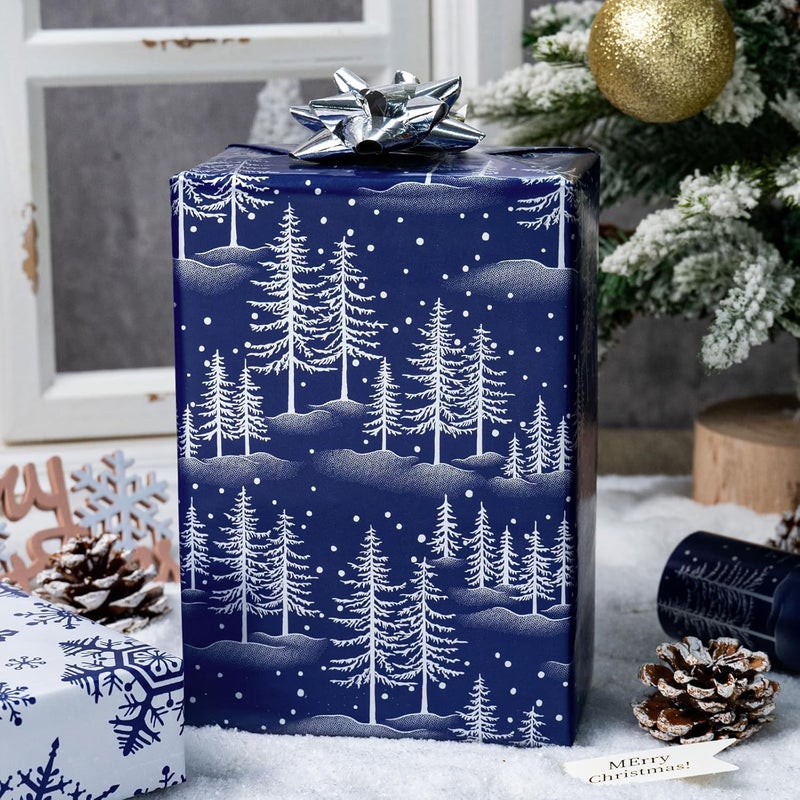 MAYPLUSS Christmas Wrapping Paper Roll - 17IN X 33FT - Blue Gift Wrapping Paper Featuring Christmas Tree Against Navy Blue Reversible Snowflke for Kids, Holiday, New Year - Image 5